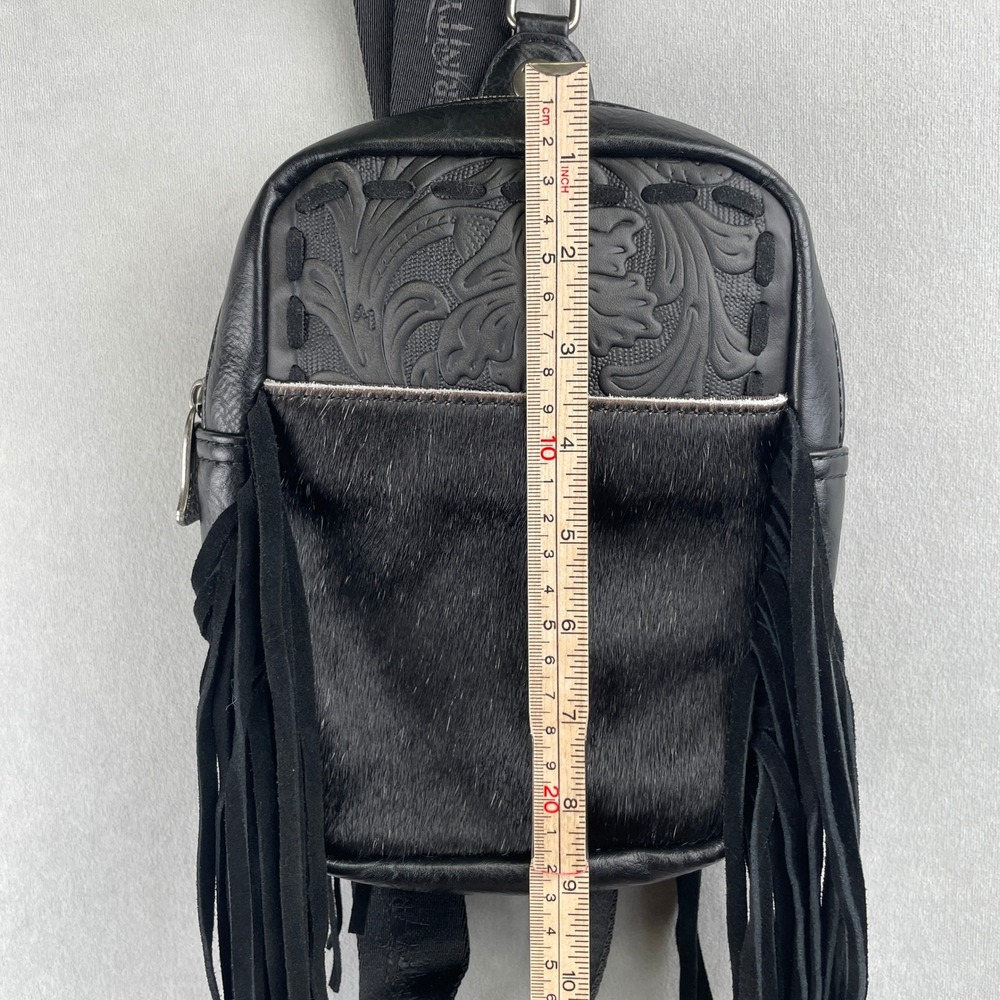 Trinity Ranch Black Leather Fringe Sling Bag Floral Embossed Hair Hide Crossbody - Picture 10 of 11